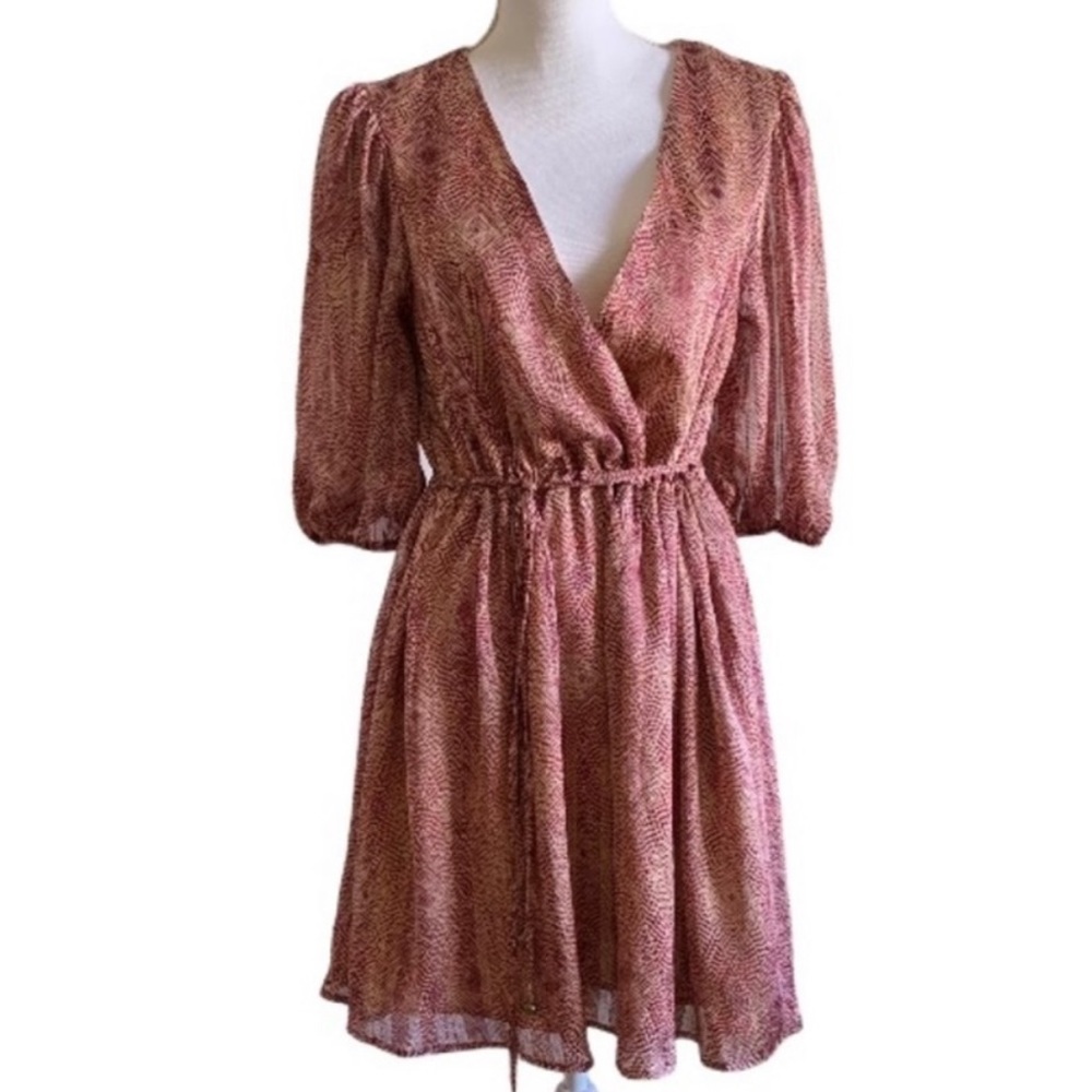 FRONT WRAP V NECK 3/4 SLEEVE WINE PATTERN DRESS